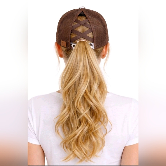 C.C. Womens Distressed Brown Cow Print Trucker Hat Pony Cap - Picture 2 of 9